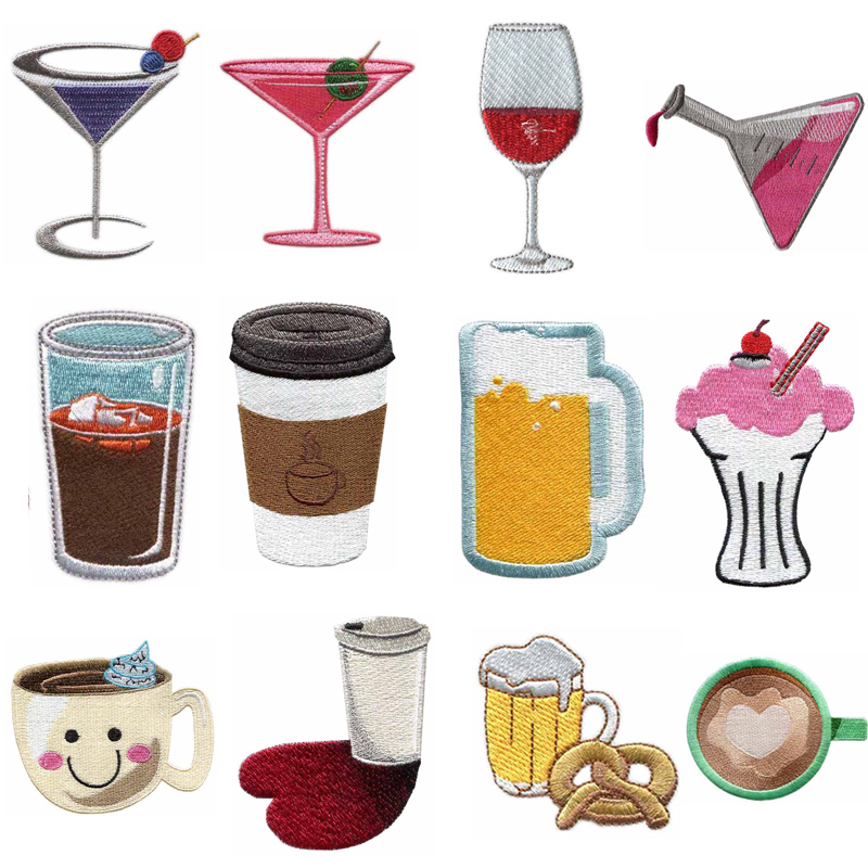 Wine Beer Hat - カップ＆ドリンクをテーマにした、アイロンで貼り付けられる刺繍ワッペン。ワイングラス、コーヒーグラス、ビールグラスのデザインで、衣類、帽子、バッグなどの装飾に。