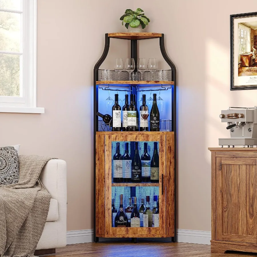 Wine & Beer Guayaquil - 家庭用コーナーバーキャビネット。ウォールナット調のMDF材を使用し、LED照明付きの5段ワインラック。スムーズに開閉するスライドドア付き。