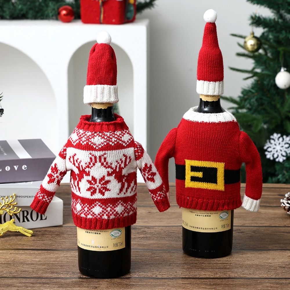 エルク柄のワインボトルカバー。ミニサンタの帽子が付いた雪の結 - Wine Beer Hat のレビューと価格