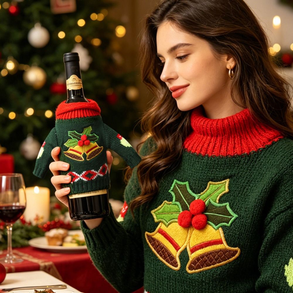 エルク柄のワインボトルカバー。ミニサンタの帽子が付いた雪の結 - Wine Beer Hat のレビューと価格